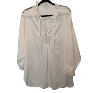 Vintage Olga Women's Ivory Satin Lace Blouse Tie Neck Made in USA Regency